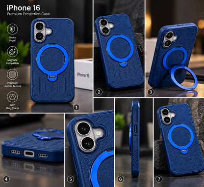 iPhone 16 Luxury Premium Metal Ring Stand  Leather MagSafe Phone Case