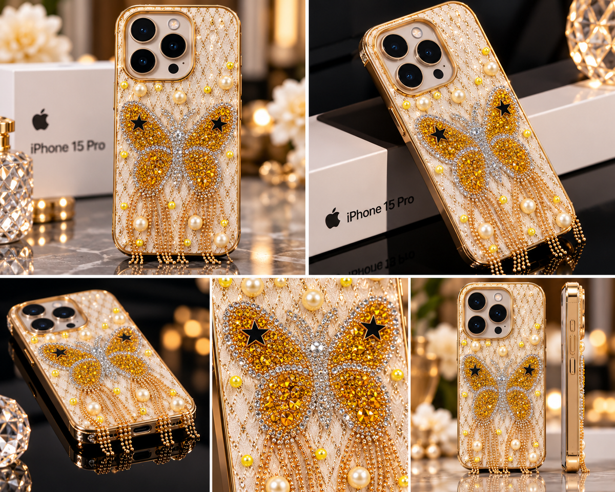 iPhone 15 Pro Luxury Butterfly Crystal Bling Case