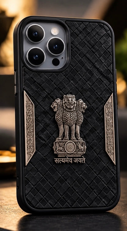 iPhone 15 Pro Satyamev Jayate 3D Metal Leather Back Case