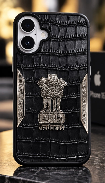 iPhone 16 Satyamev Jayate 3D Metal Leather Back Case