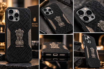 iPhone 15 Pro Max Satyamev Jayate 3D Metal Leather Back Case