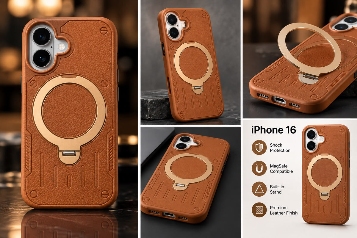 iPhone 16 Luxury Premium Metal Ring Stand  Leather MagSafe Phone Case