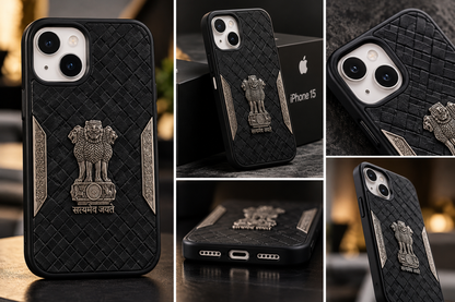iPhone 15 Satyamev Jayate 3D Metal Leather Back Case