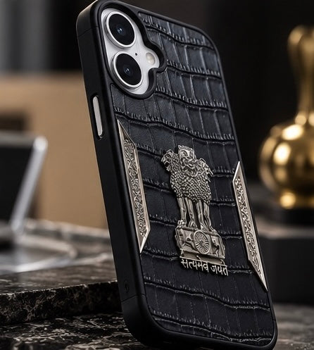 iPhone 16 Satyamev Jayate 3D Metal Leather Back Case