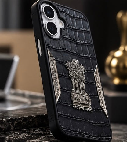 iPhone 16 Satyamev Jayate 3D Metal Leather Back Case
