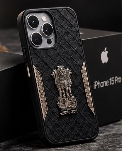 iPhone 15 Pro Satyamev Jayate 3D Metal Leather Back Case