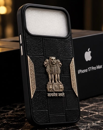 iPhone 17 Pro Max Satyamev Jayate 3D Metal Leather Back Case