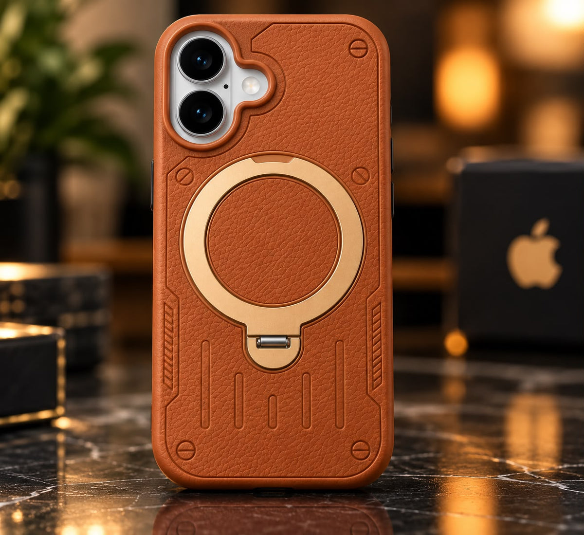iPhone 16 Luxury Premium Metal Ring Stand  Leather MagSafe Phone Case