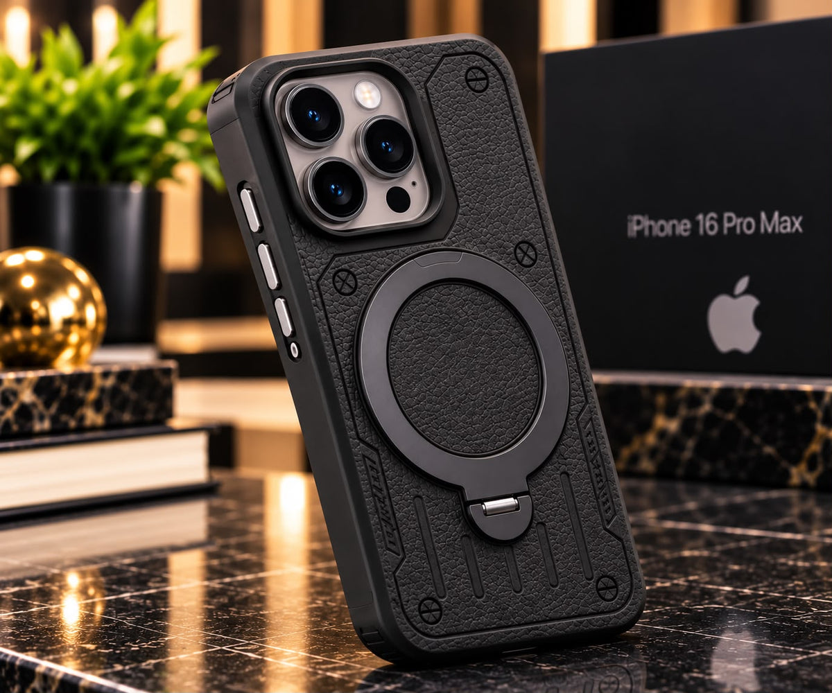 iPhone 16 Pro Max Luxury Premium Metal Ring Stand Leather MagSafe Phone Case
