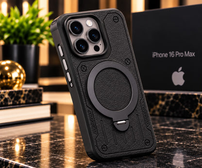iPhone 16 Pro Max Luxury Premium Metal Ring Stand Leather MagSafe Phone Case