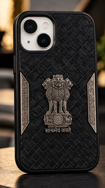 iPhone 15 Satyamev Jayate 3D Metal Leather Back Case