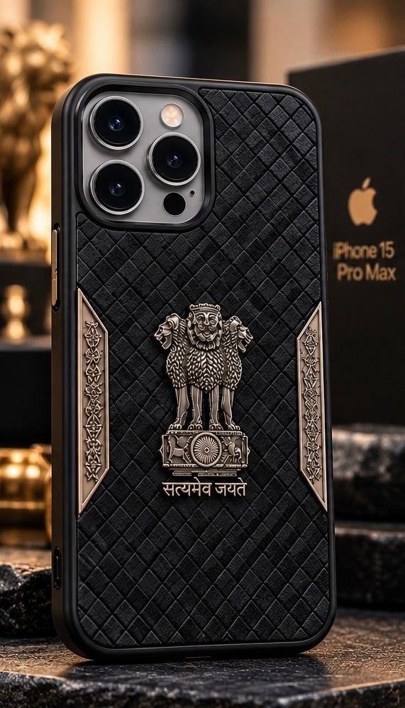 iPhone 15 Pro Max Satyamev Jayate 3D Metal Leather Back Case