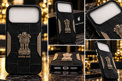 iPhone 17 Pro Max Satyamev Jayate 3D Metal Leather Back Case