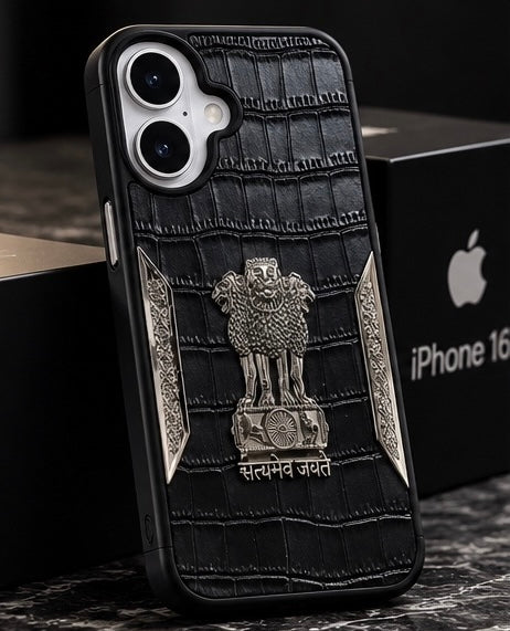 iPhone 16 Satyamev Jayate 3D Metal Leather Back Case