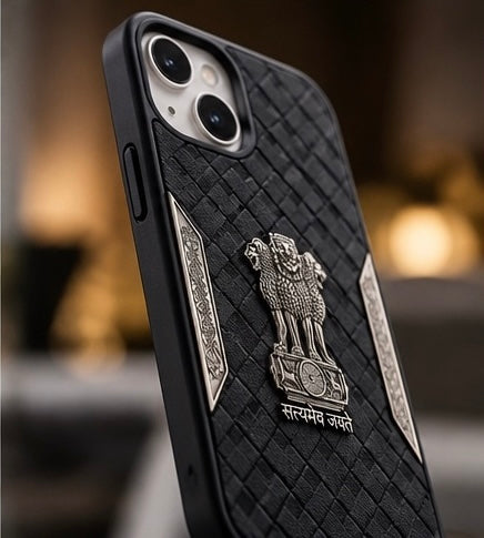 iPhone 15 Satyamev Jayate 3D Metal Leather Back Case