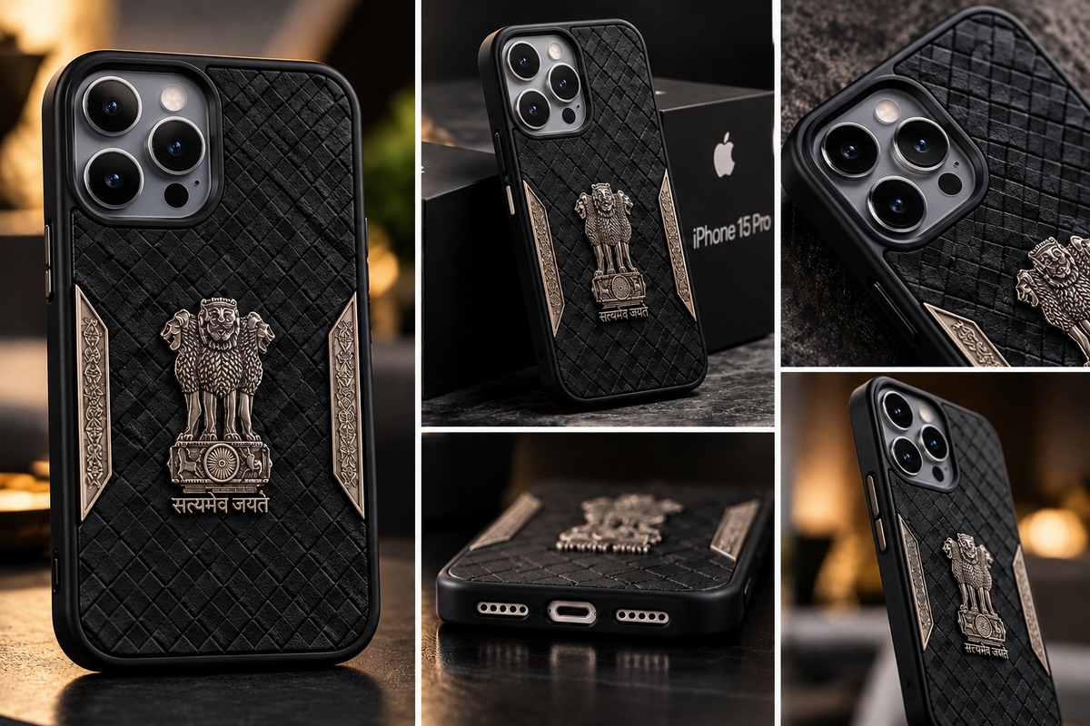 iPhone 15 Pro Satyamev Jayate 3D Metal Leather Back Case