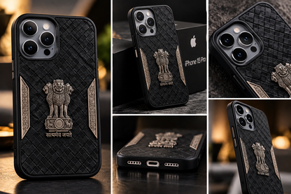 iPhone 15 Pro Satyamev Jayate 3D Metal Leather Back Case