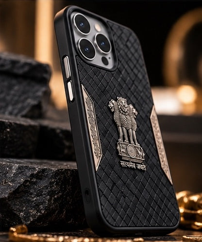 iPhone 15 Pro Max Satyamev Jayate 3D Metal Leather Back Case