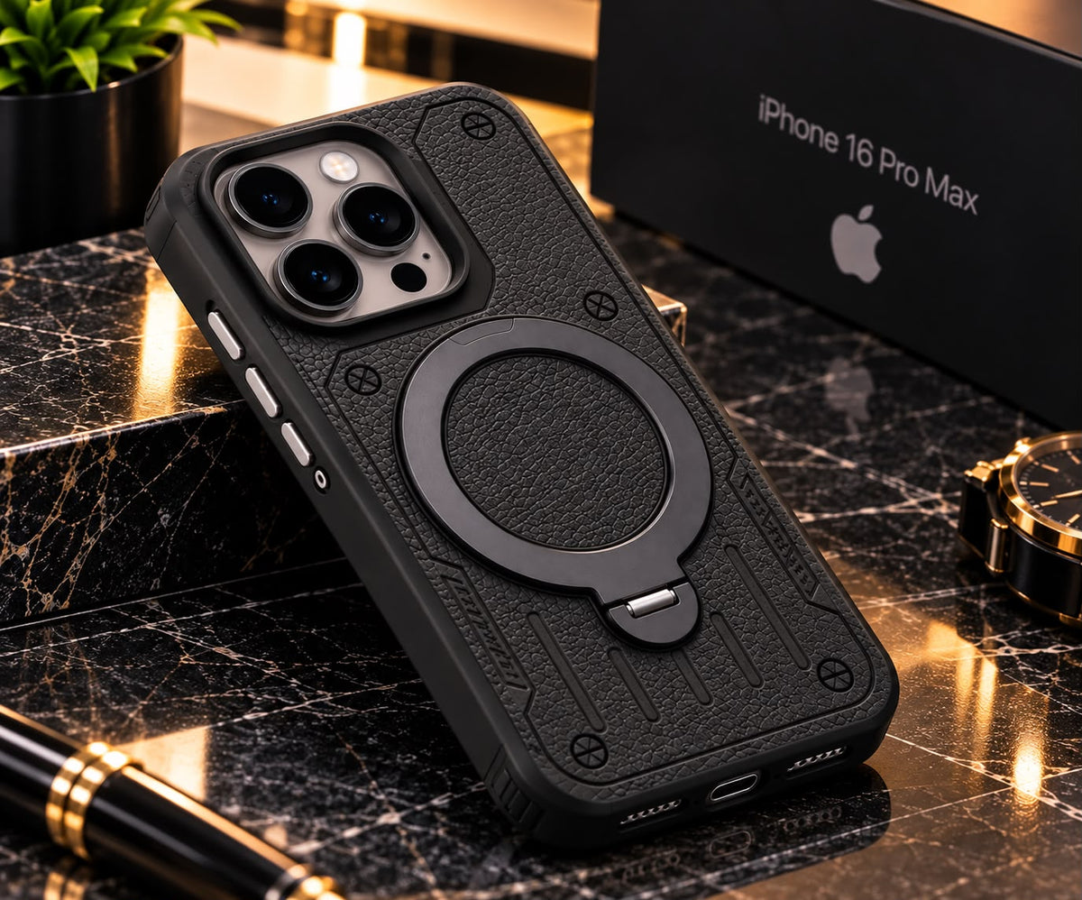 iPhone 16 Pro Max Luxury Premium Metal Ring Stand Leather MagSafe Phone Case