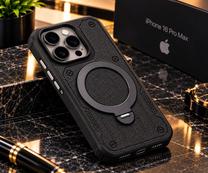 iPhone 16 Pro Max Luxury Premium Metal Ring Stand Leather MagSafe Phone Case