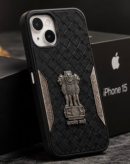 iPhone 15 Satyamev Jayate 3D Metal Leather Back Case