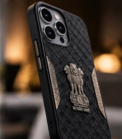 iPhone 15 Pro Satyamev Jayate 3D Metal Leather Back Case