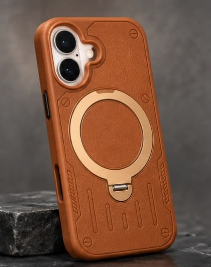 iPhone 16 Luxury Premium Metal Ring Stand  Leather MagSafe Phone Case