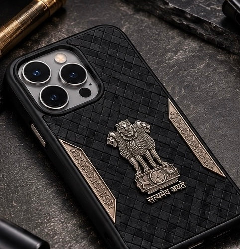iPhone 15 Pro Max Satyamev Jayate 3D Metal Leather Back Case