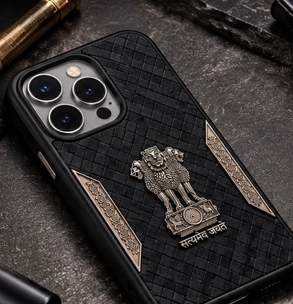 iPhone 15 Pro Max Satyamev Jayate 3D Metal Leather Back Case