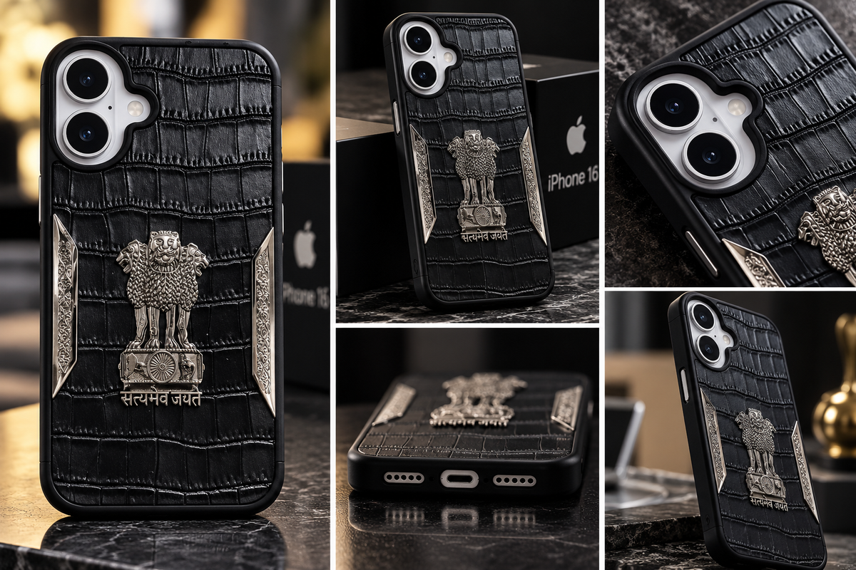 iPhone 16 Satyamev Jayate 3D Metal Leather Back Case