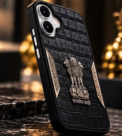 iPhone 17 Satyamev Jayate 3D Metal Leather Back Case