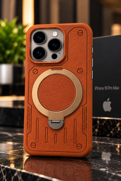 iPhone 16 Pro Max Luxury Premium Metal Ring Stand Leather MagSafe Phone Case