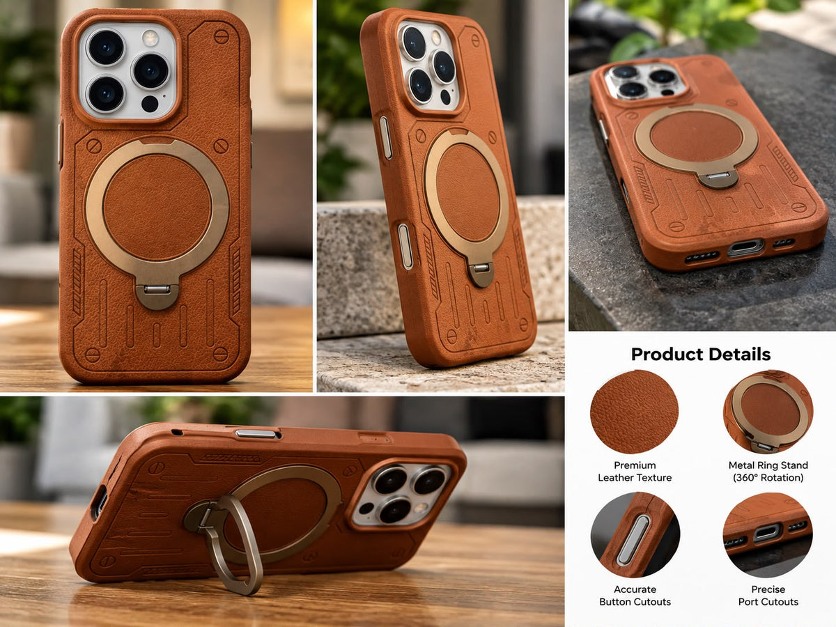 iPhone 16 Pro Luxury Premium Metal Ring Stand Leather MagSafe Phone Case