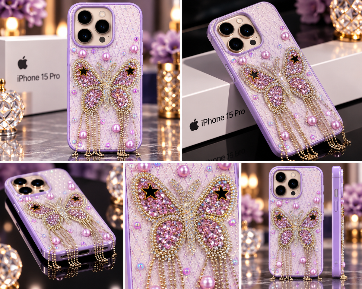 iPhone 15 Pro Luxury Butterfly Crystal Bling Case