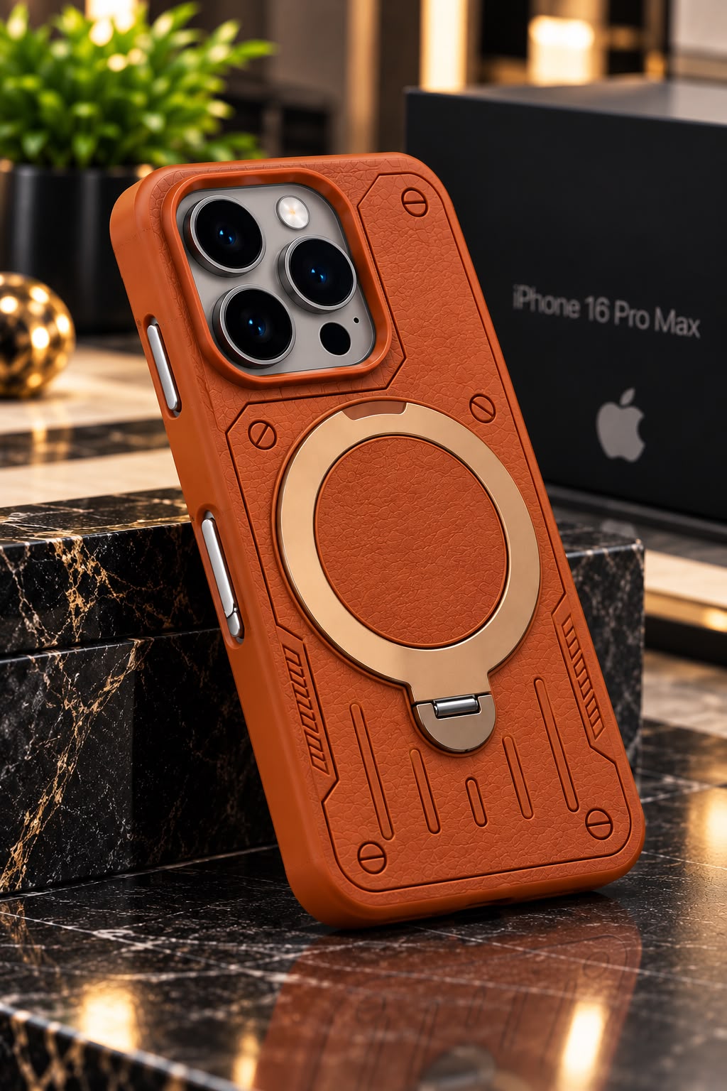 iPhone 16 Pro Max Luxury Premium Metal Ring Stand Leather MagSafe Phone Case