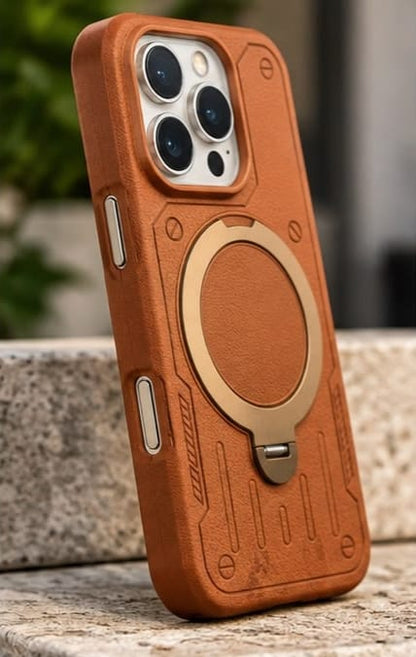 iPhone 16 Pro Luxury Premium Metal Ring Stand Leather MagSafe Phone Case