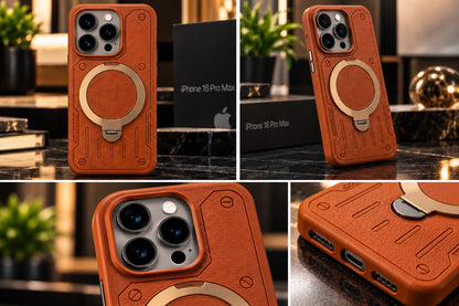 iPhone 16 Pro Max Luxury Premium Metal Ring Stand Leather MagSafe Phone Case
