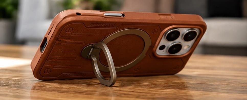 iPhone 16 Pro Luxury Premium Metal Ring Stand Leather MagSafe Phone Case