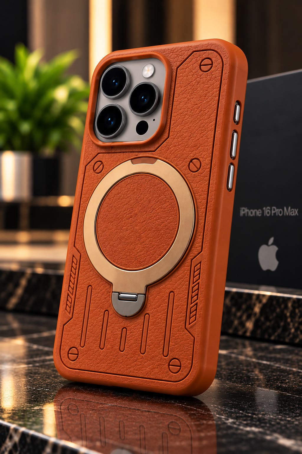 iPhone 16 Pro Max Luxury Premium Metal Ring Stand Leather MagSafe Phone Case