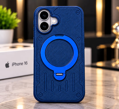 iPhone 16 Luxury Premium Metal Ring Stand  Leather MagSafe Phone Case