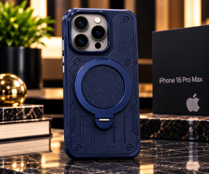 iPhone 16 Pro Max Luxury Premium Metal Ring Stand Leather MagSafe Phone Case