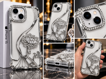 iPhone 15 Flower Clear Glitter MagSafe Ring Case